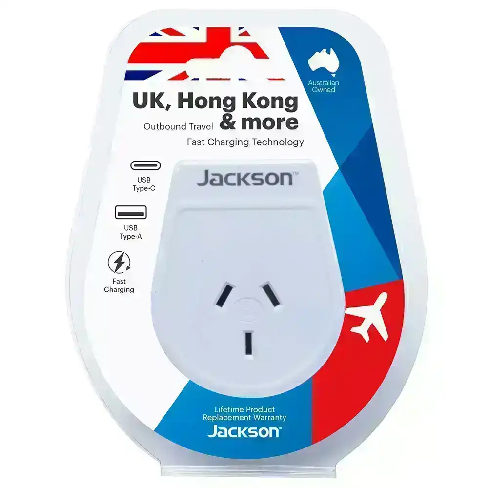 Jackson Travel Power Adaptor AUS/NZ To UK & Hong Kong w/ USB Type A/Type C