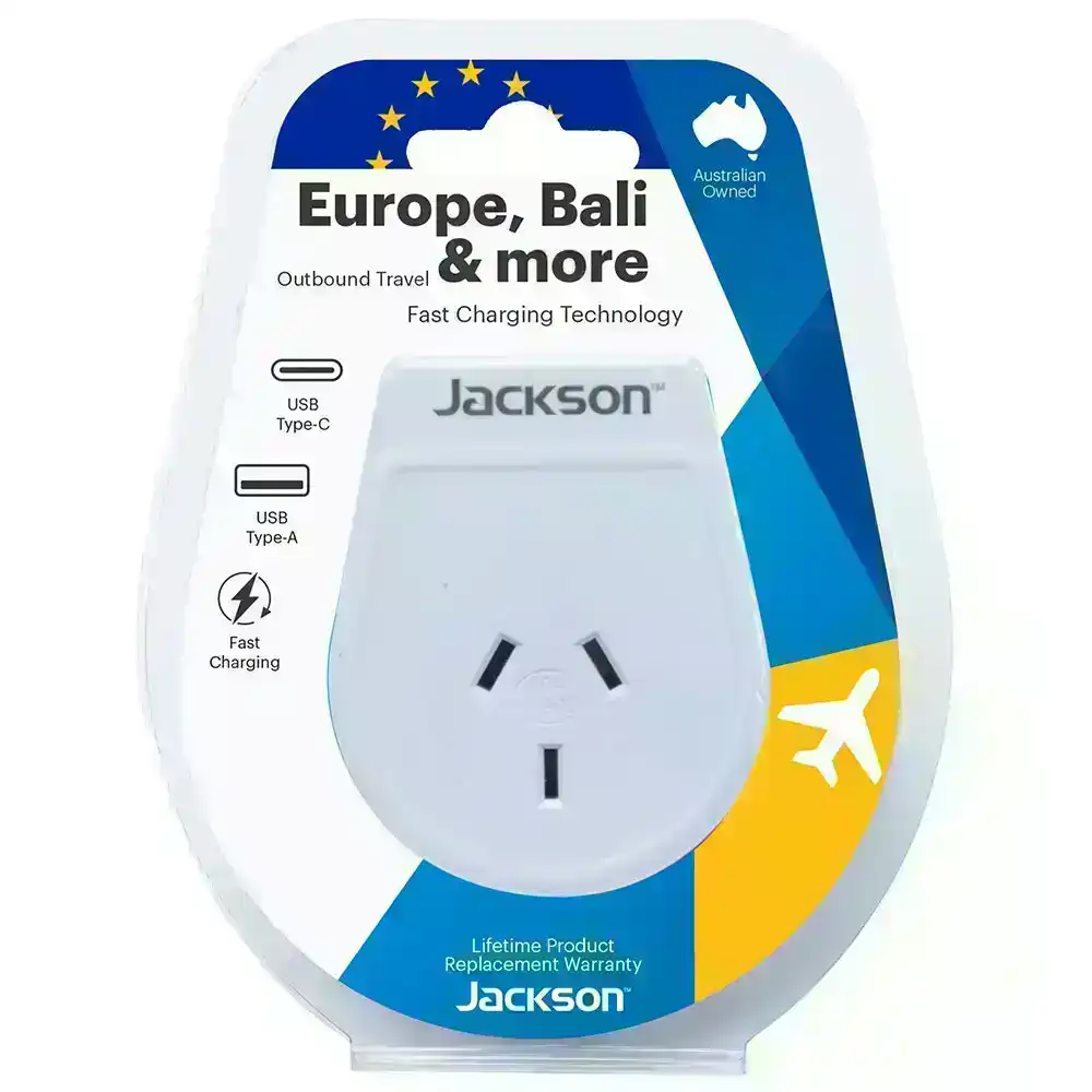 Jackson Travel Power  Adaptor AUS/NZ To Europe & Bali w/ USB Type A/Type C