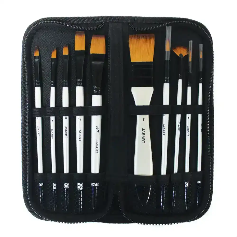 10pc Jasart Value Synthetic Bristles Paint Brush w/ Storage Wallet For Acrylic