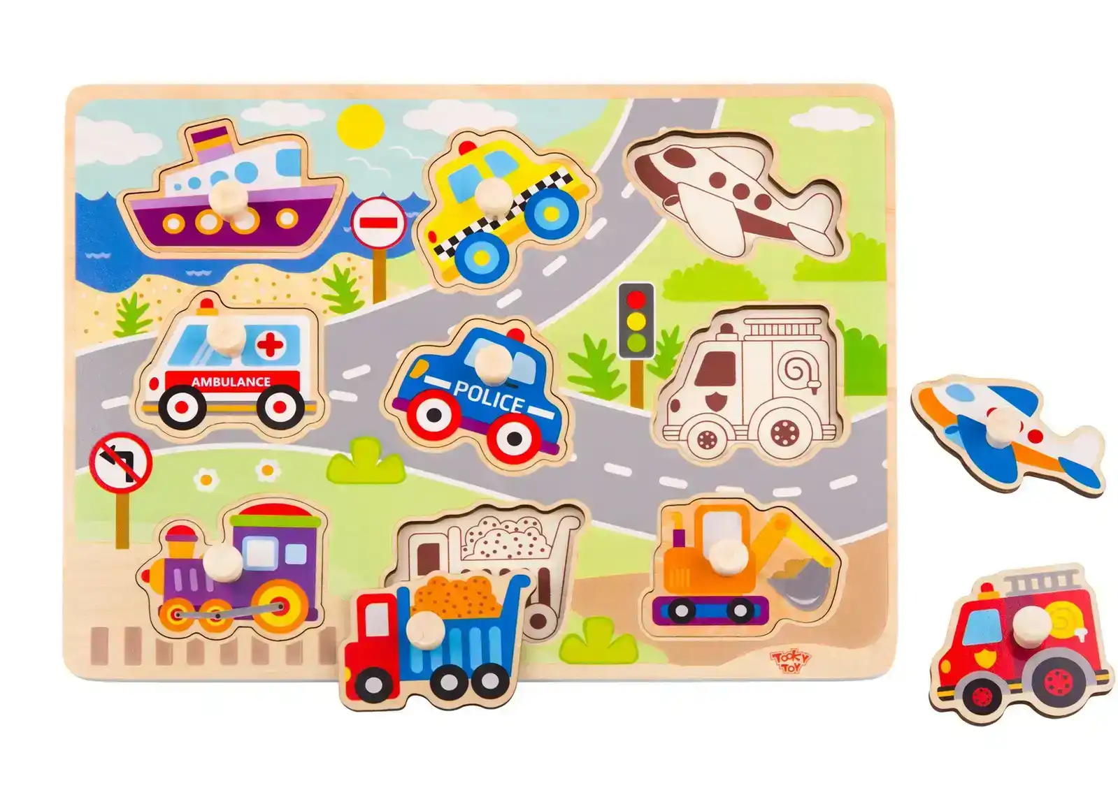 Tooky Toy Wooden Vehicle Peg Kids/Toddler Learning Play 30cm Puzzle Board 18m+