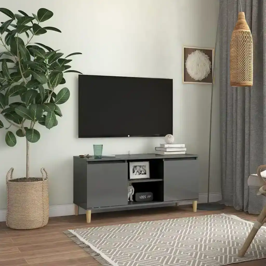 NNEVL TV Cabinet & Solid Wood Legs High Gloss Grey 103.5x35x50 cm