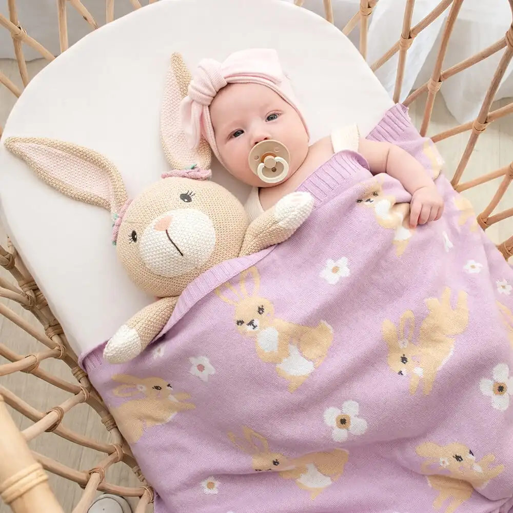 Living Textiles | 100% Cotton Whimsical Lilac Bunny Baby Blanket
