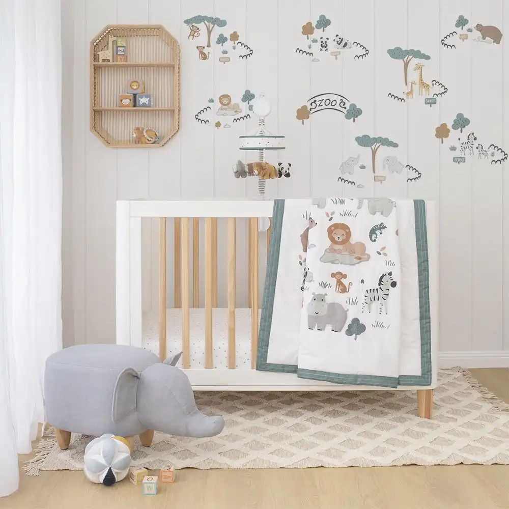 Living Textiles | 4-piece Nursery Set - Day at the Zoo + Free Matching Decal Set