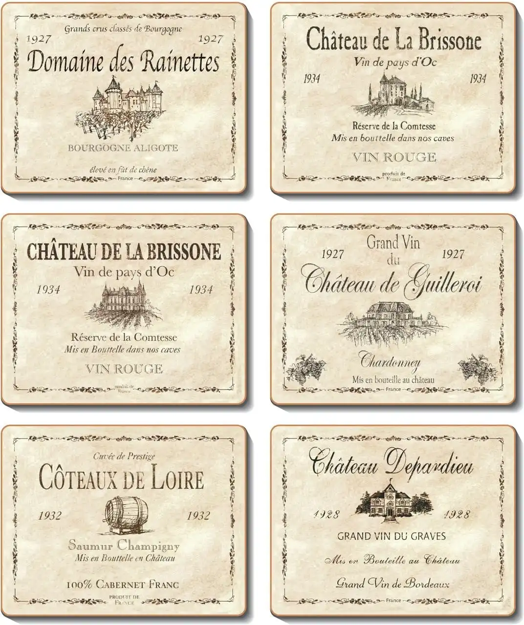 Cinnamon | Wine Labels Coasters 6 Pieces Set