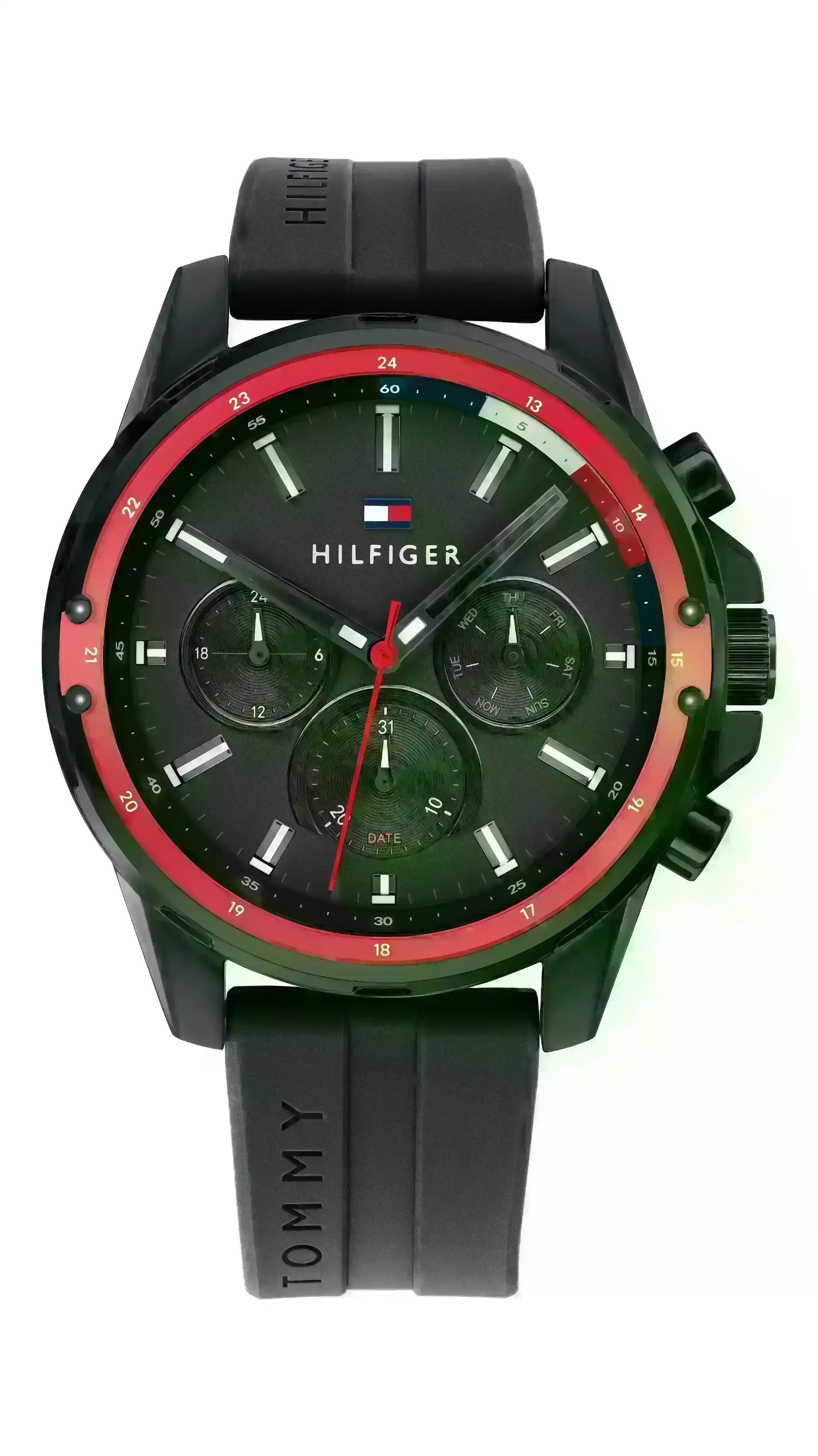 Tommy Hilfiger Mason Red Case Black Silicone Band Watch  1791793