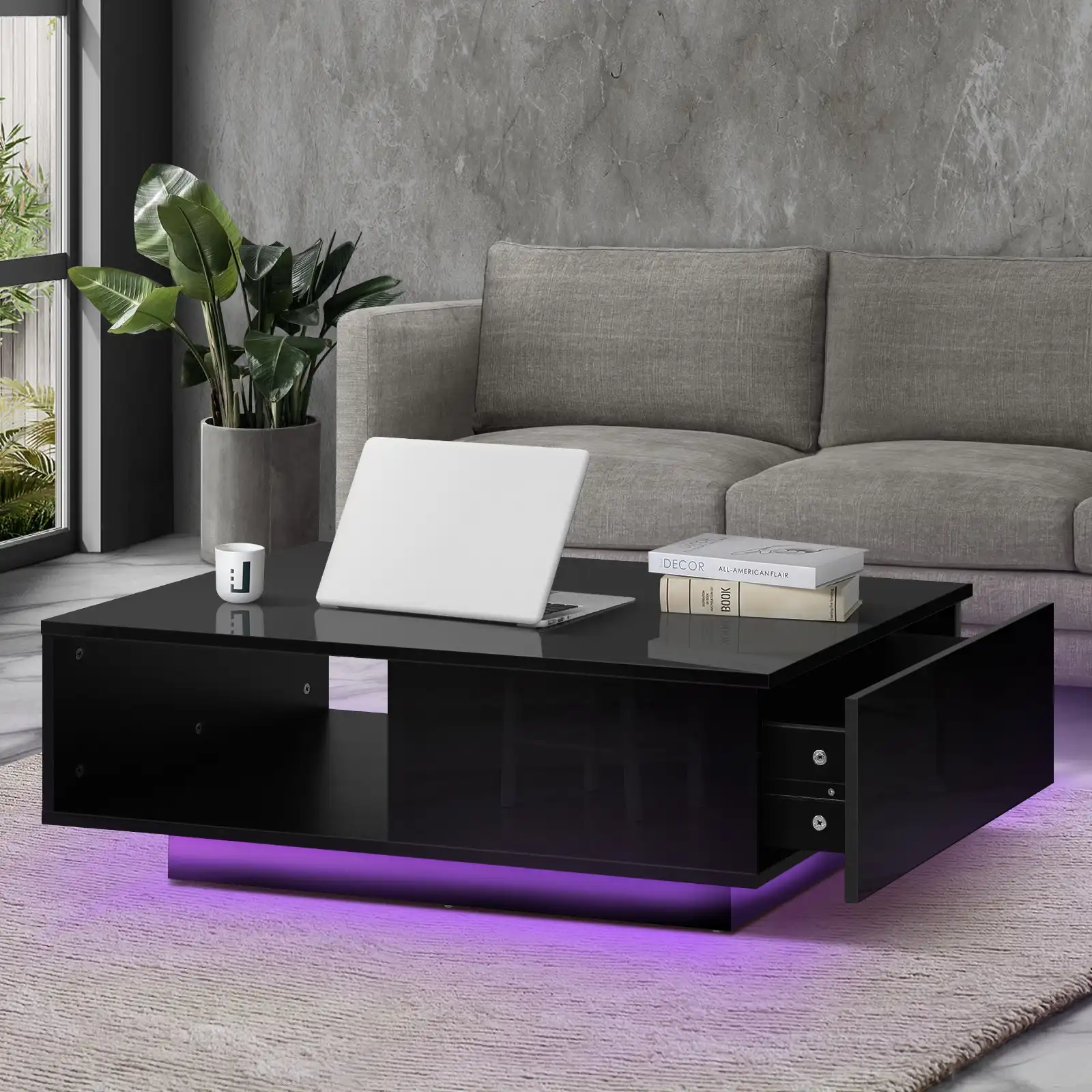 Oikiture Coffee Table LED Light High Gloss Storage Drawer Modern Furniture Black
