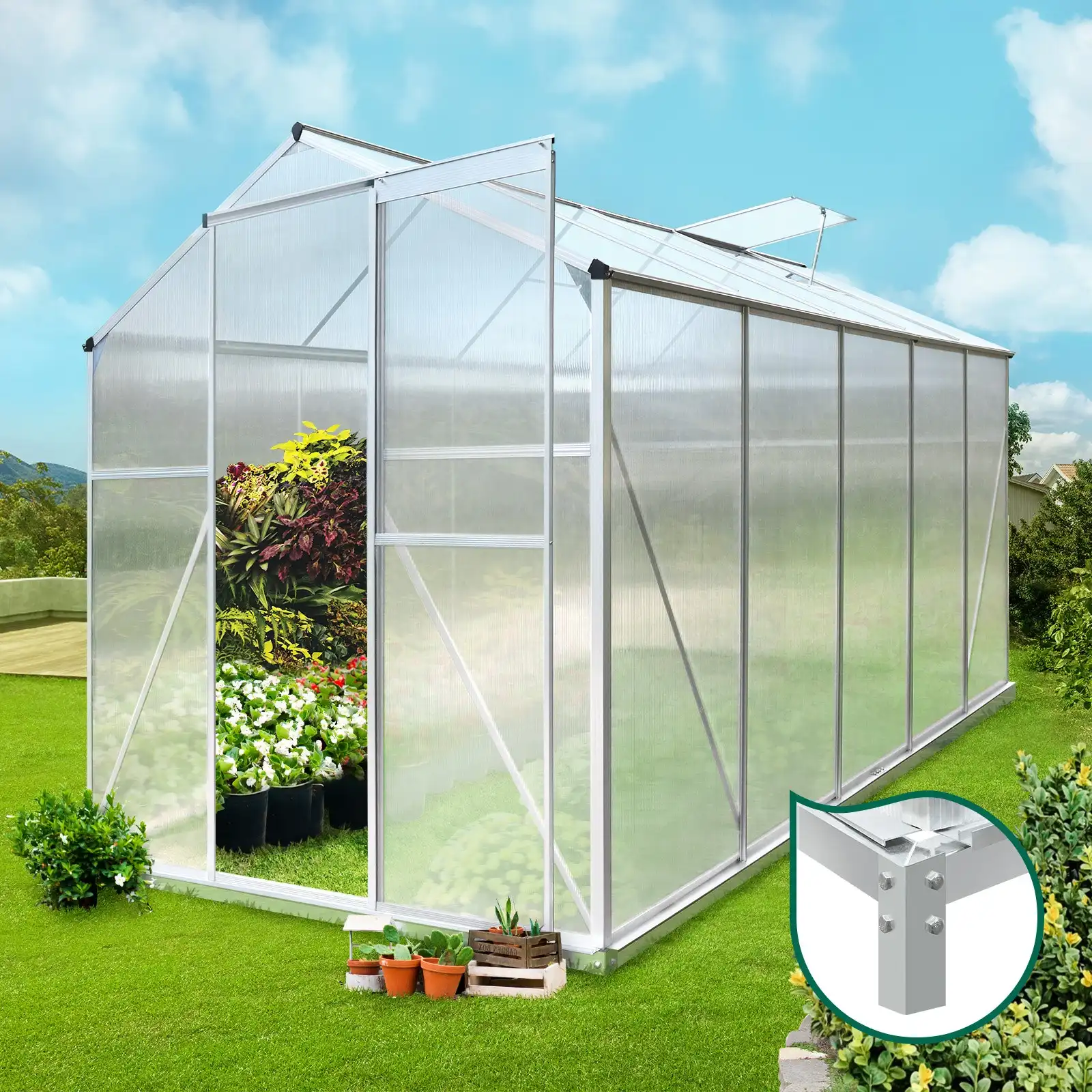 Livsip Greenhouse Aluminium Green House Garden Shed Base Polycarbonate Walk in 3.1x1.9M