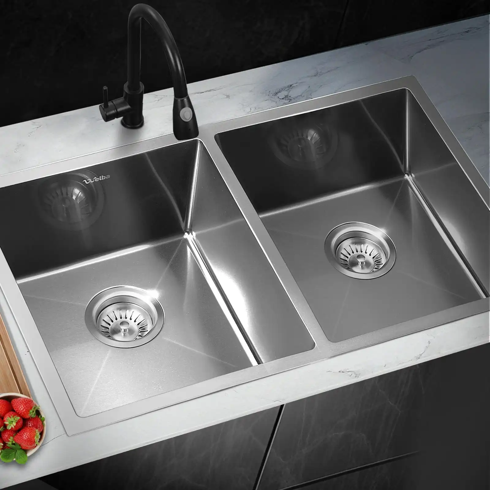 Welba Kitchen Sink Stainless Steel Bathroom Basin Double Silver 76X44CM