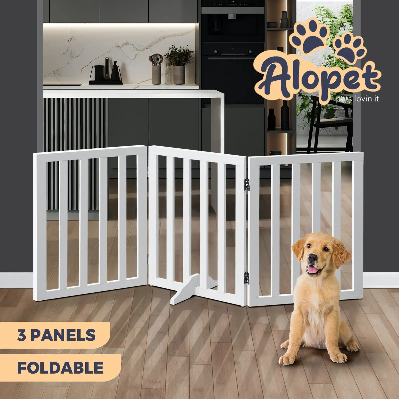 Alopet Wooden Pet Gate Dog Fence Safety Stair Barrier Security Door 3 Panels