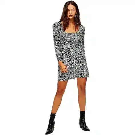 Topshop Women's Long Sleeve Spotted Mini Dress - Monochrome