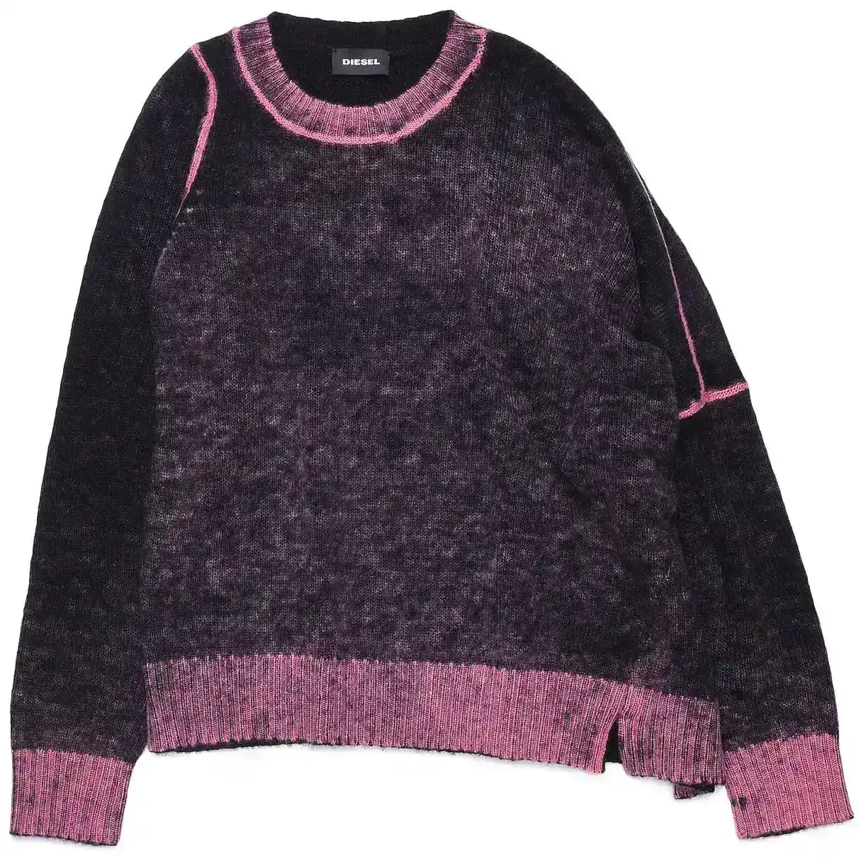 Diesel Girls Black Asymmetrical Wool Sweater with Pink Stitching