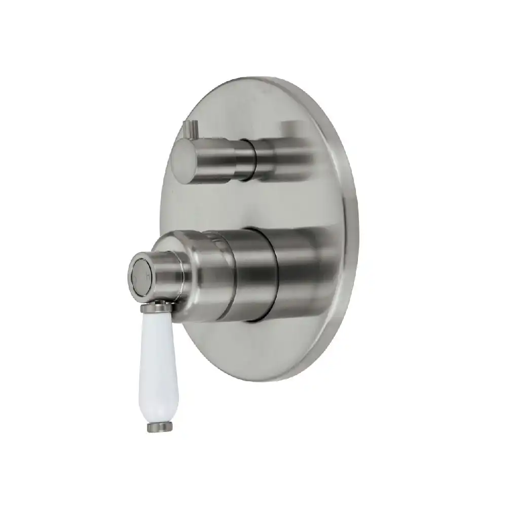 Fienza Eleanor Wall Shower Mixer Diverter Brushed Nickel with White Ceramic handle 202102BN