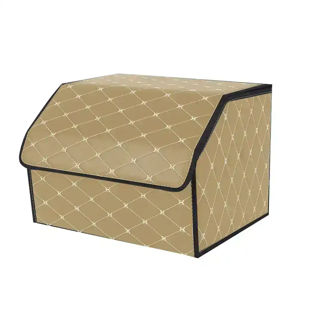 Soga Leather Car Boot Collapsible Foldable Trunk Cargo Organizer Portable Storage Box Beige/Gold Stitch Medium