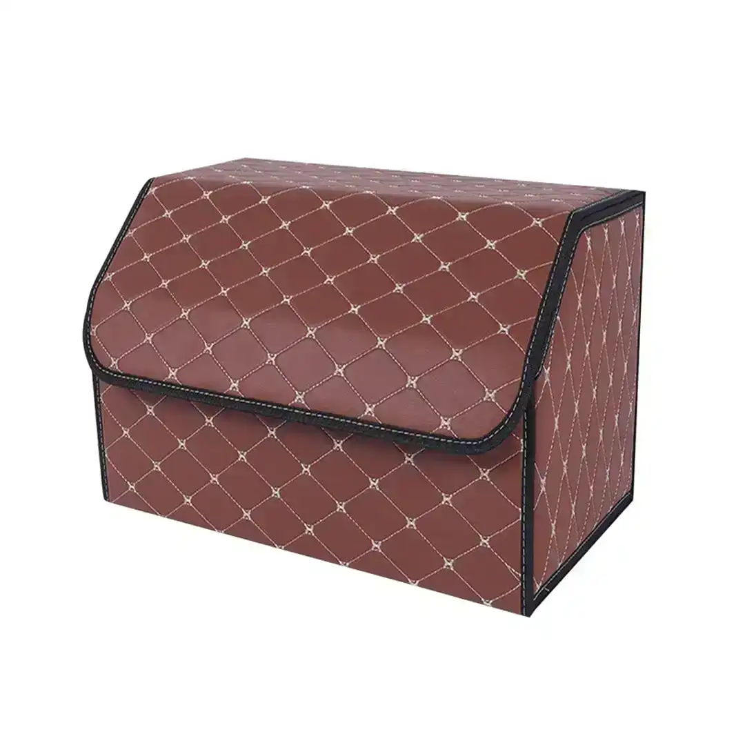 Soga Leather Car Boot Collapsible Foldable Trunk Cargo Organizer Portable Storage Box Coffee/Gold Stitch Medium