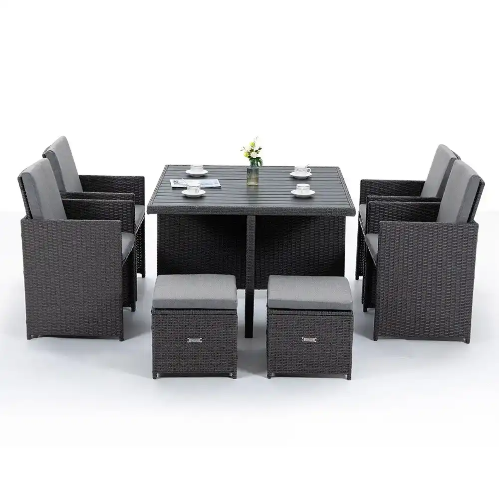 London Rattan Outdoor Dining Table 9 Piece Furniture Wicker Set, Grey