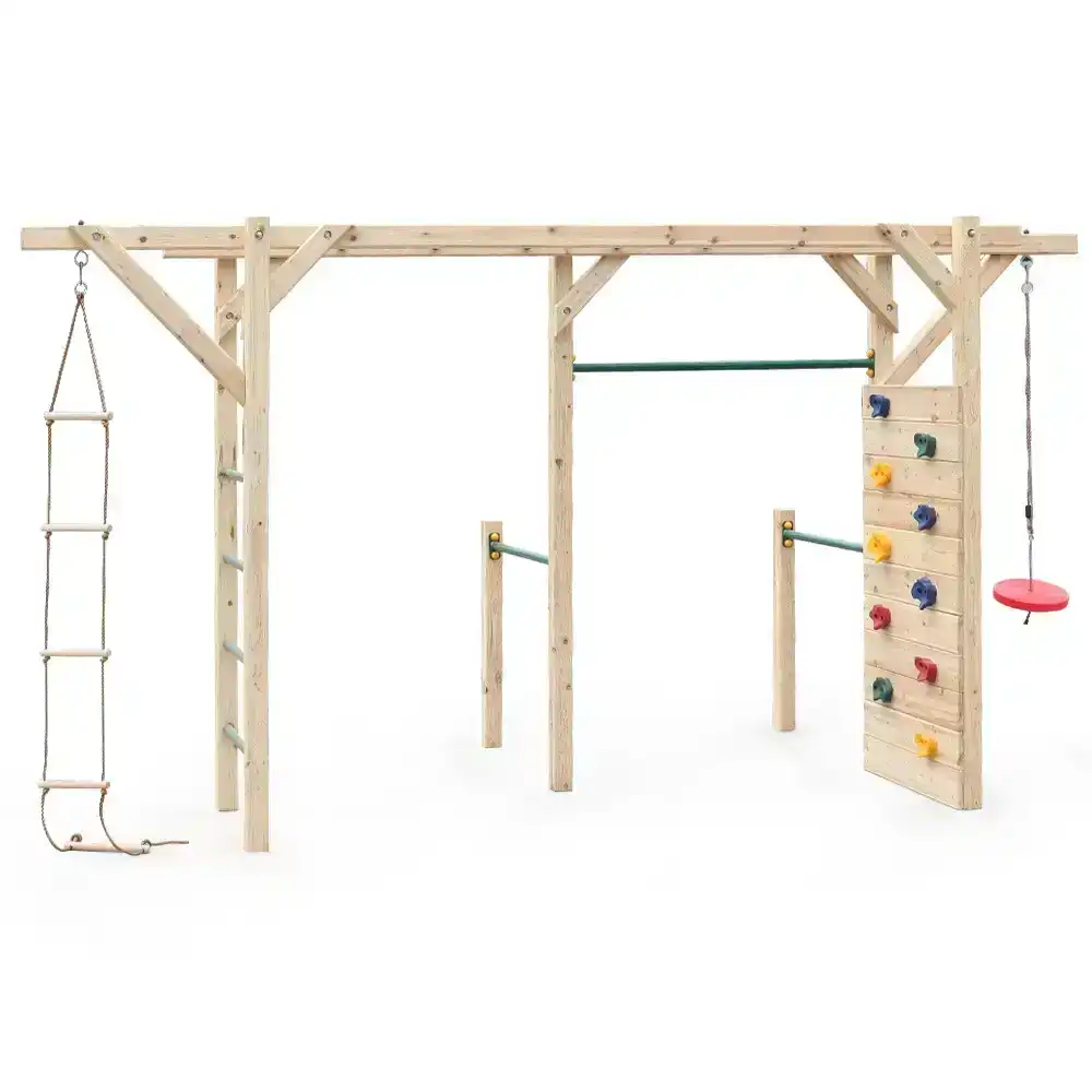 Rovo Kids Monkey Bars Wooden Climbing Frame Set, with Climbing Wall, Disc Swing, Rope Ladder