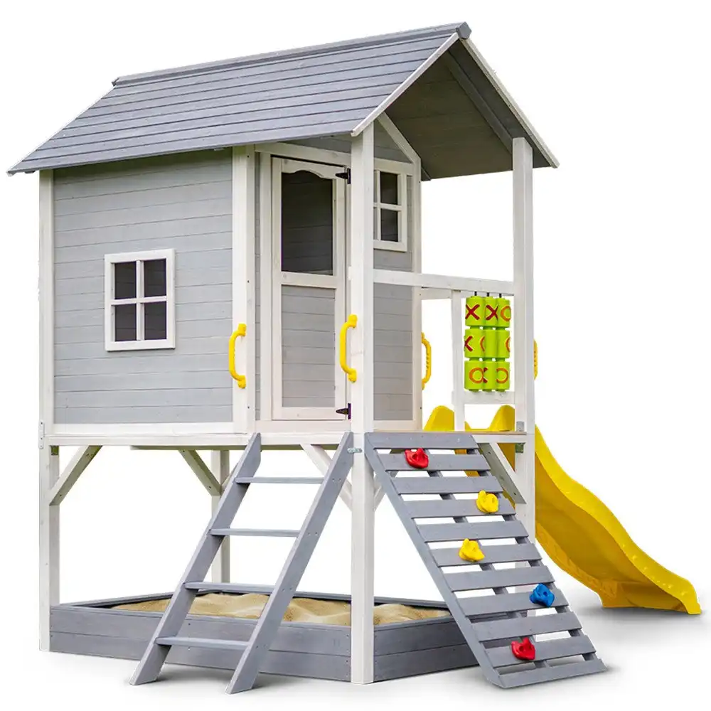 Rovo Kids Wooden Tower Cubby House with Slide, Sandpit, Climbing Wall, Noughts & Crosses