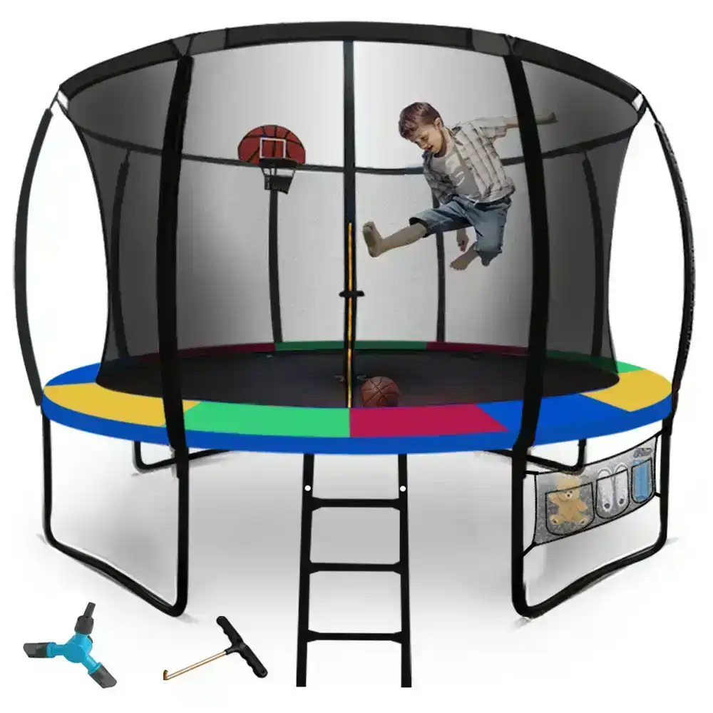 UP-SHOT 10ft Round Kids Trampoline with Curved Pole Design, Basketball Set and Sprinkler Accessory, Black and Multi-Colour