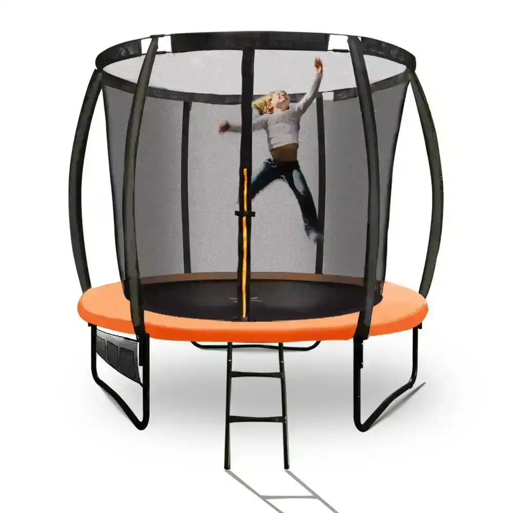 UP-SHOT 8ft Round Kids Trampoline with Curved Pole Design and Sprinkler Accessory, Black and Orange
