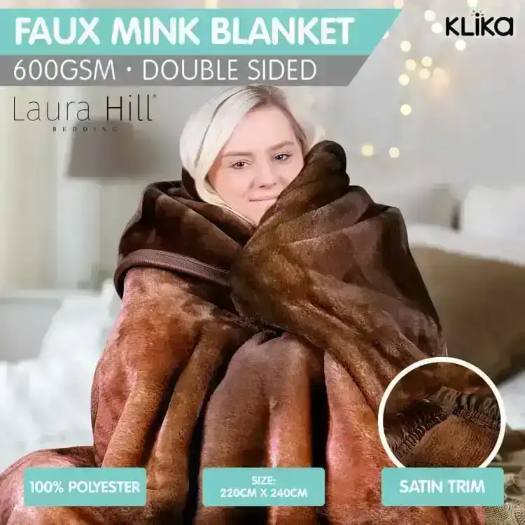 Laura Hill 600gsm Large Double Sided Faux Mink Blanket   Chocolate