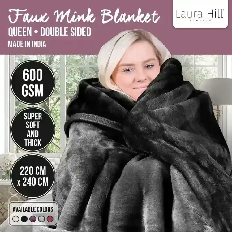 Laura Hill 600gsm Large Double Sided Queen Faux Mink Blanket   Black