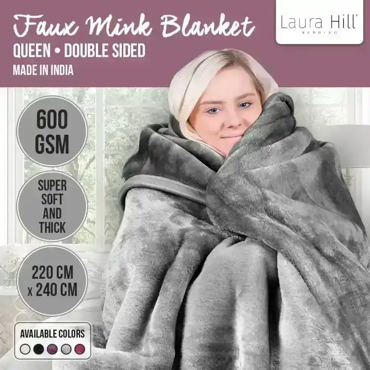 Laura Hill 600gsm Double Sided Queen Size Faux Mink Blanket   Pewter Silver