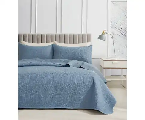 Gioia Casa Lisbon Quilted 3 Pieces Embossed Coverlet Set - BLUE