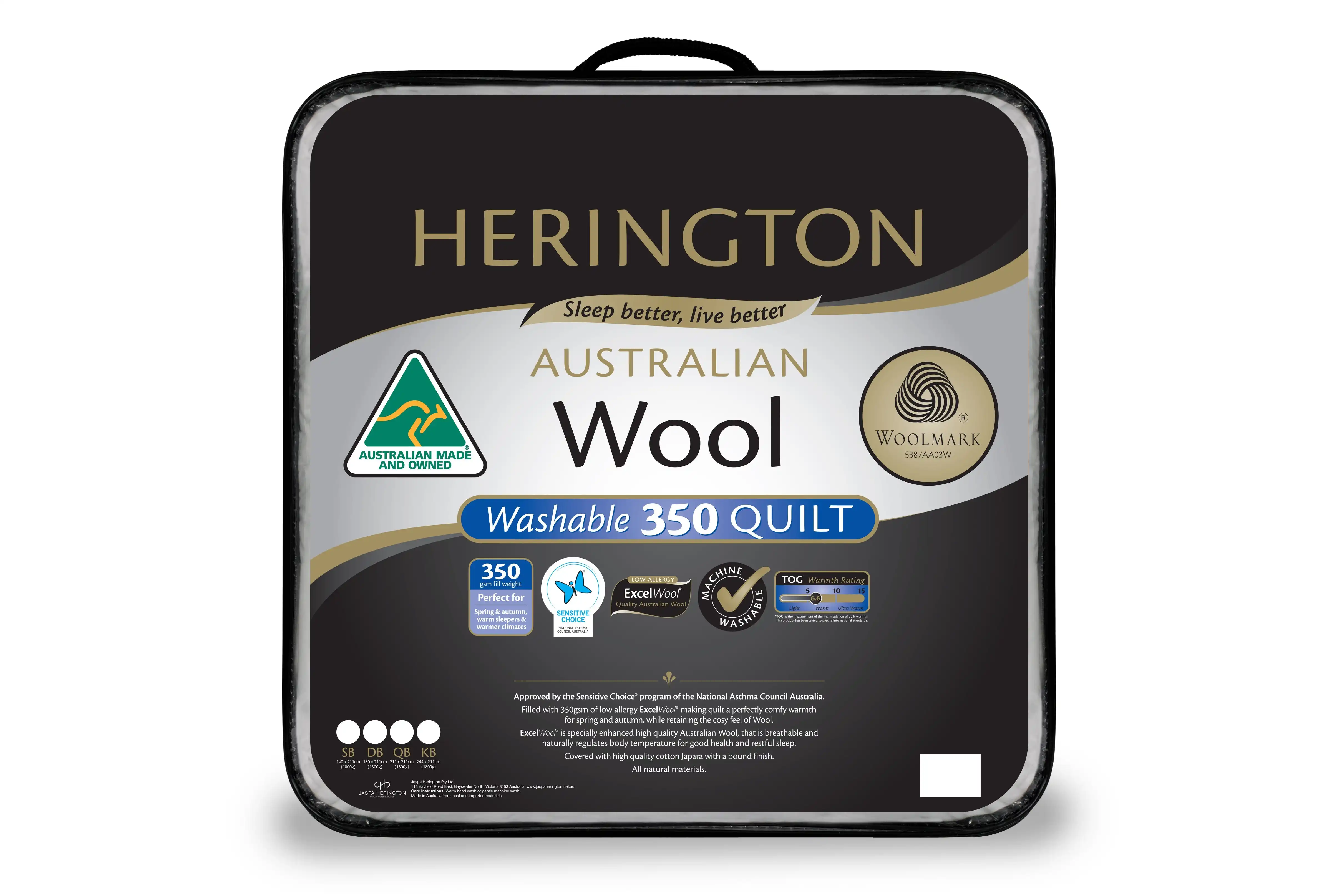 Herington Premium Washable Wool Quilt 350GSM - NEW