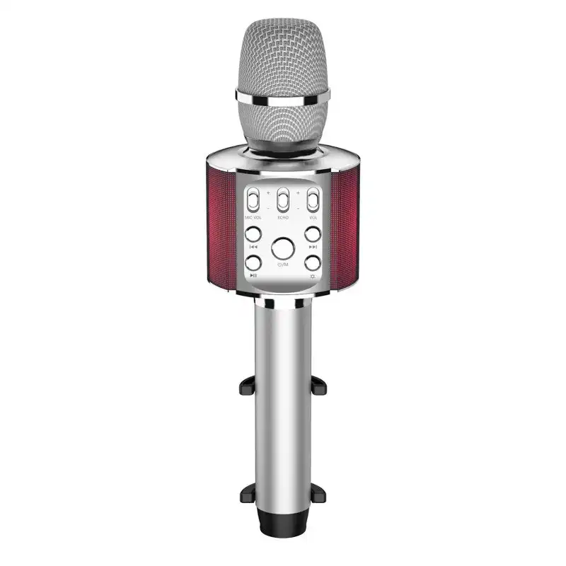 Laser Bluetooth Karaoke Microphone with Built-in Speaker and LED Lights - Silver