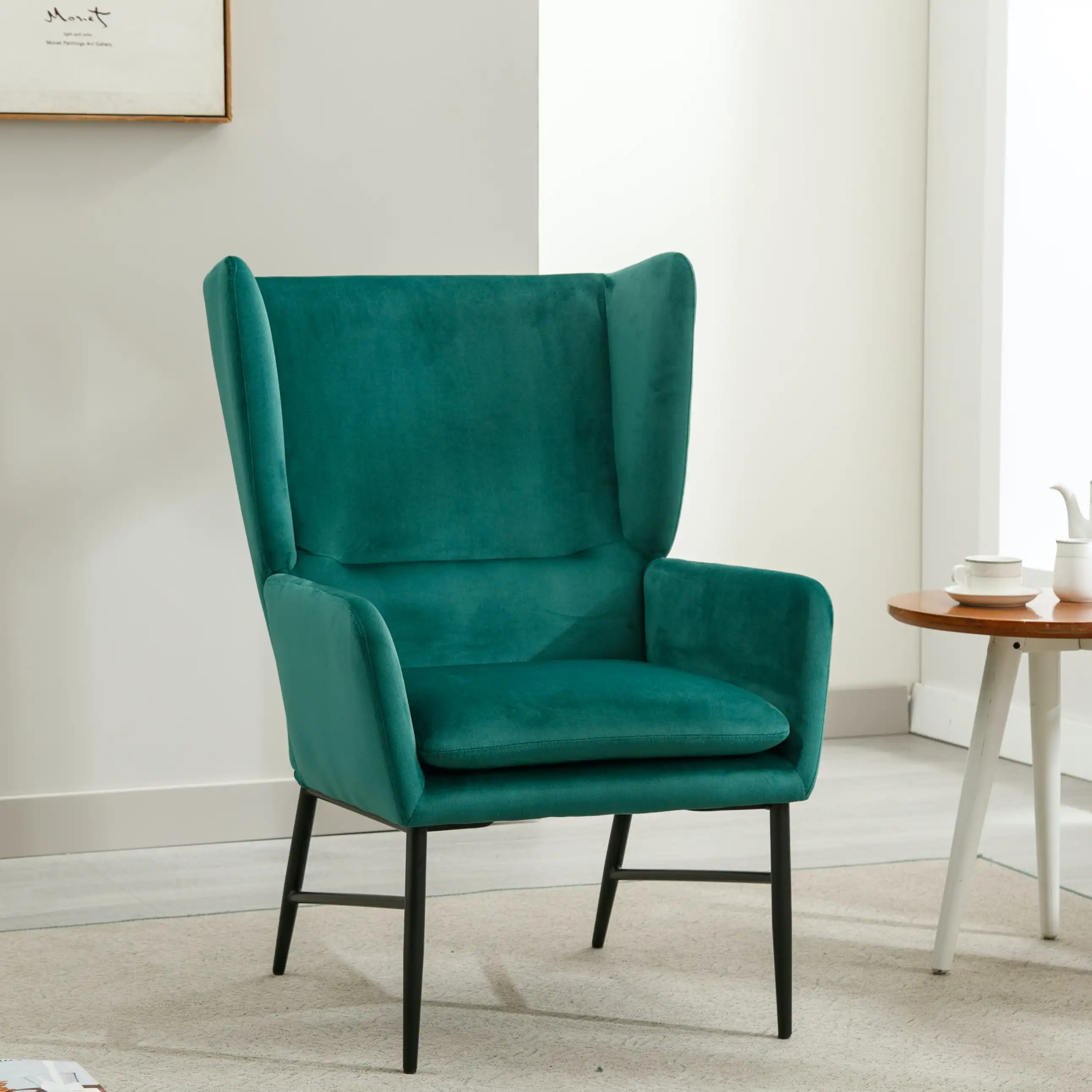 HLIVING Modern Wingback Accent Chair, Velvet Upholstered Armchair, Green