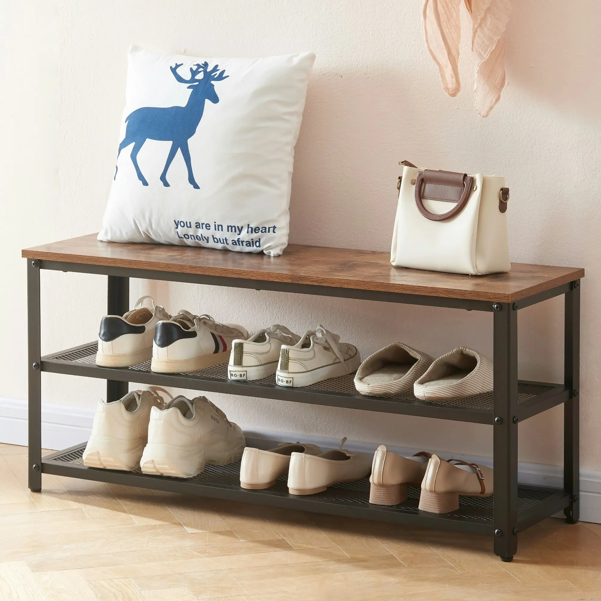 HLIVING 3-Tier Shoe Rack, Industrial Shoe Organizer Storage Bench