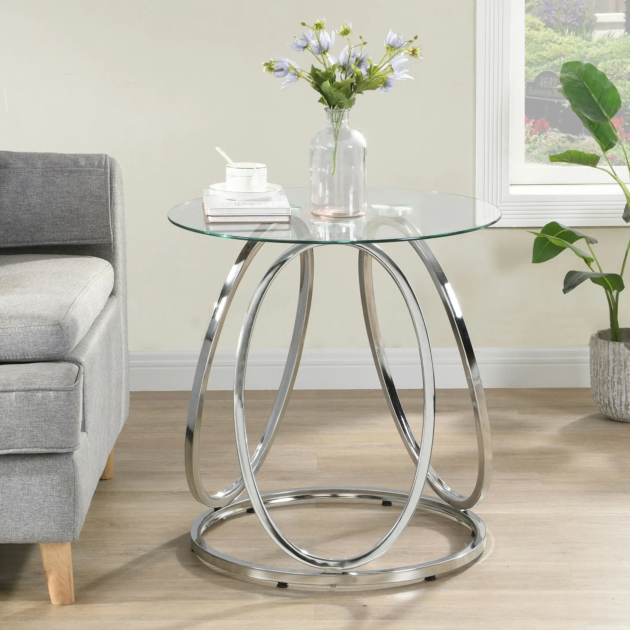 HLIVING Contemporary End Table, Tempered Glass Side Table, Chrome Finish