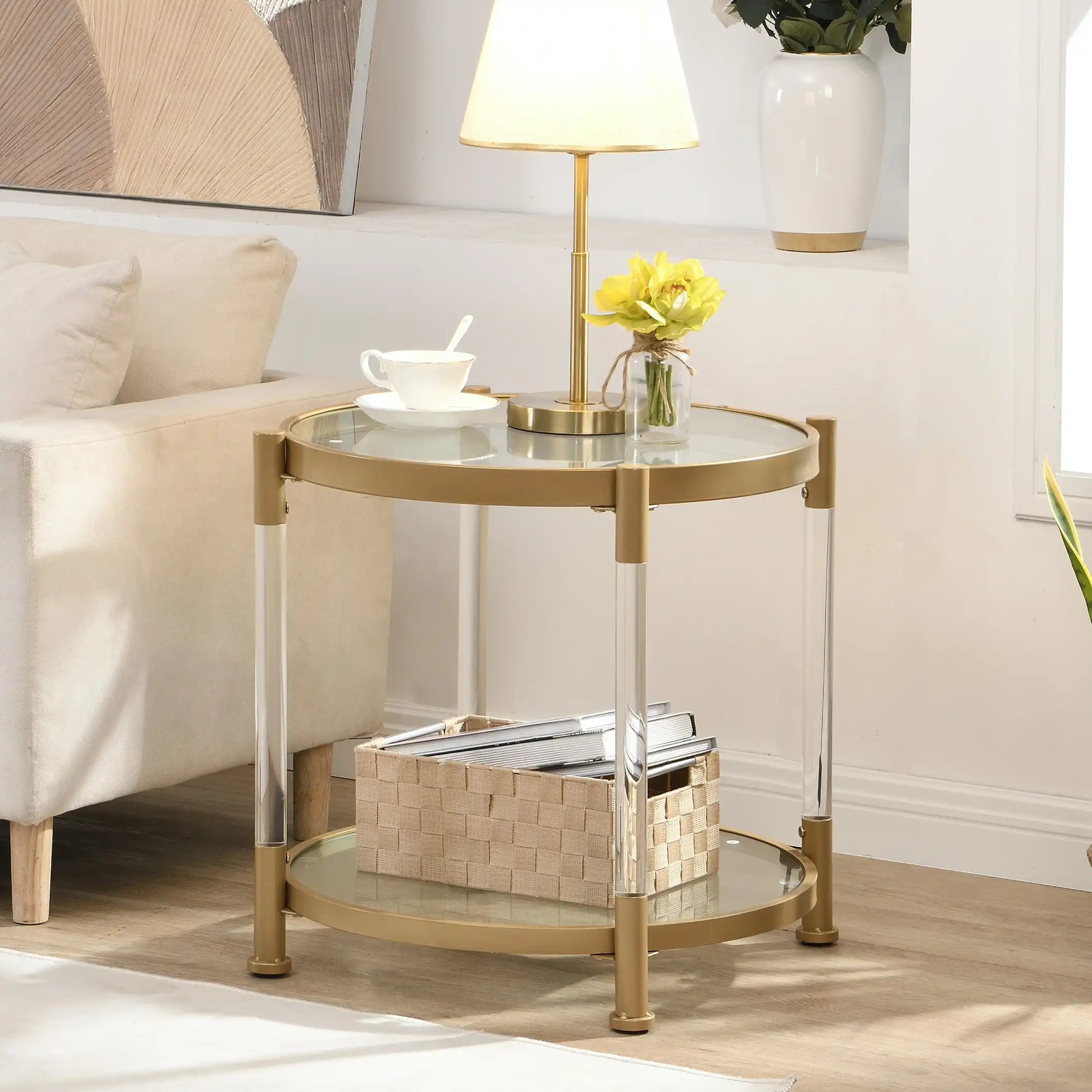 HLIVING Contemporary Acrylic End Table, Side Table with Tempered Glass Top, Gold Finish