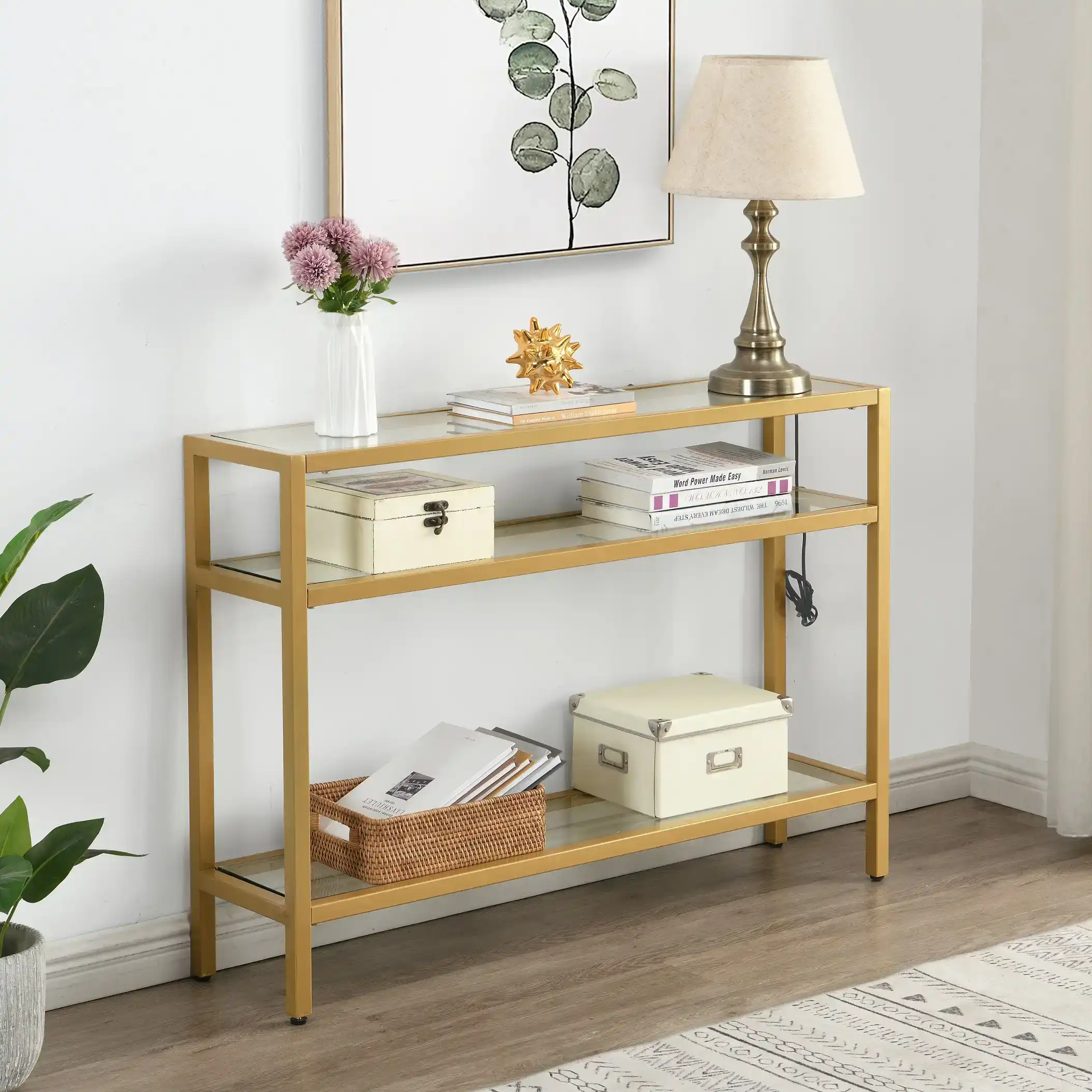 HLIVING Modern Glass Console Table, Entryway Table with 3 Tiers Storage Shelves, Gold Finish