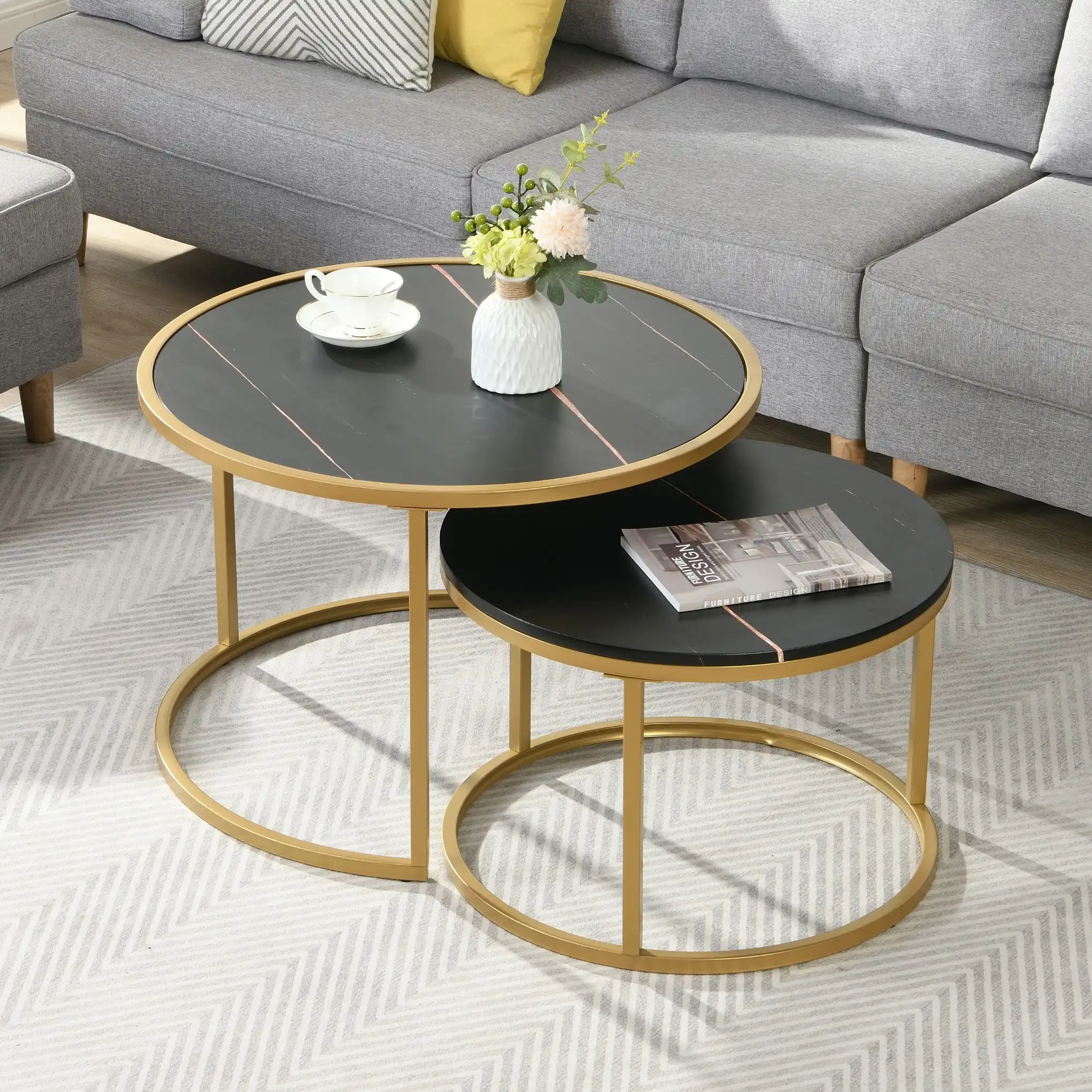 HLIVING Round Nesting Coffee Table Set of 2, Modern Living Room Nesting Table,  Gold Finish