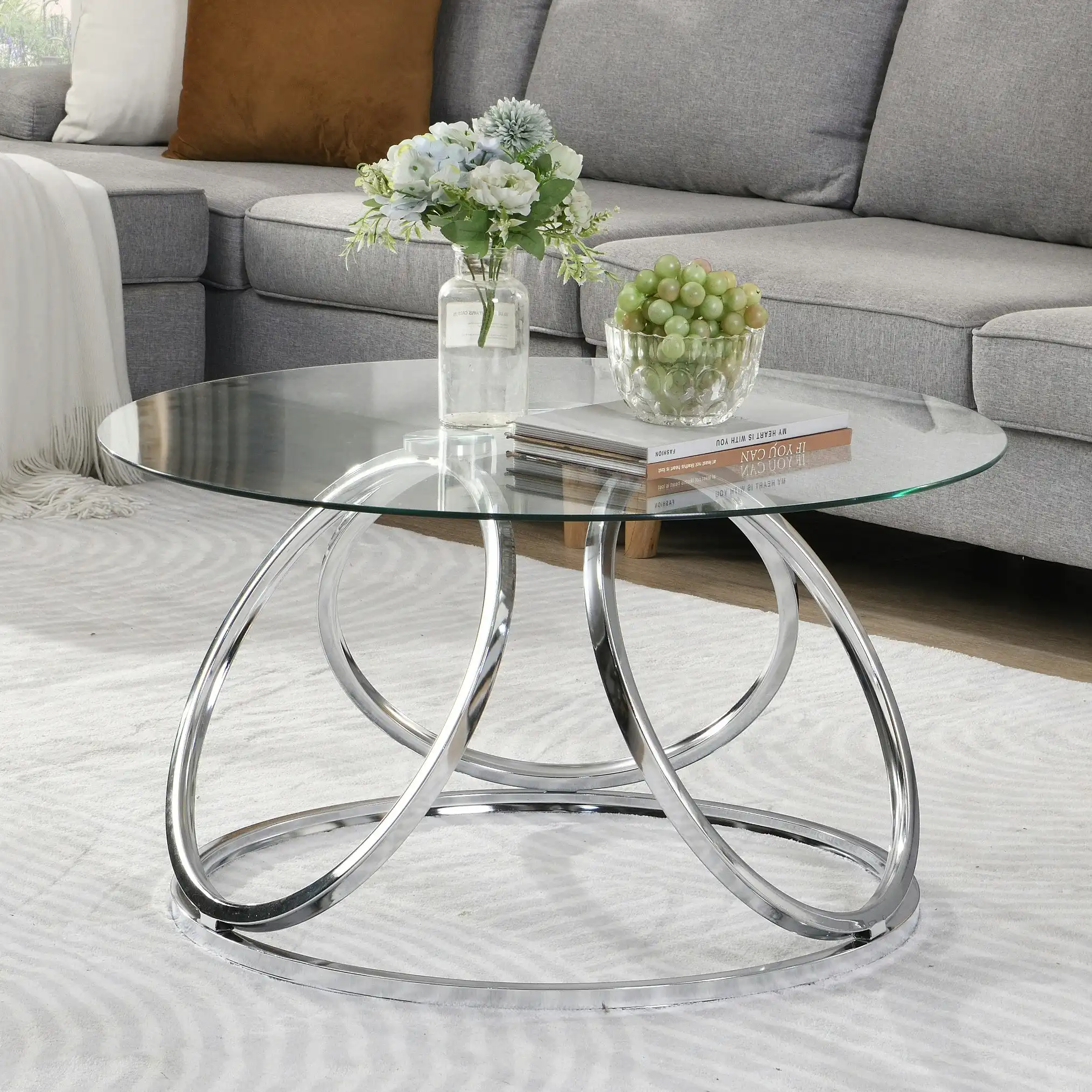 HLIVING Accent Round Coffee Table,Tempered Glass Coffee Table, Chrome Finish