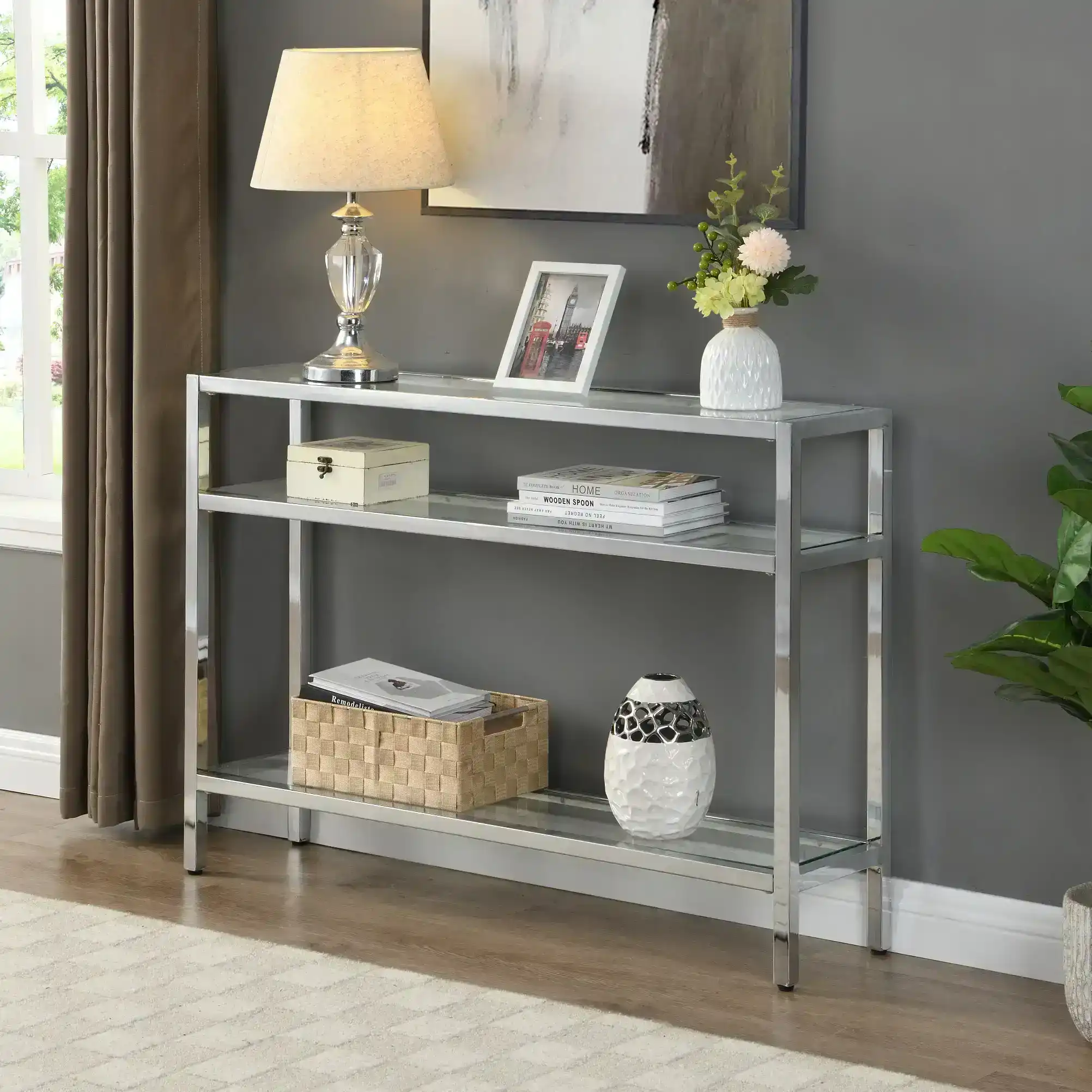 HLIVING Modern Glass Console Table, Entryway Table with 3 Tiers Storage Shelves, Chrome Finish