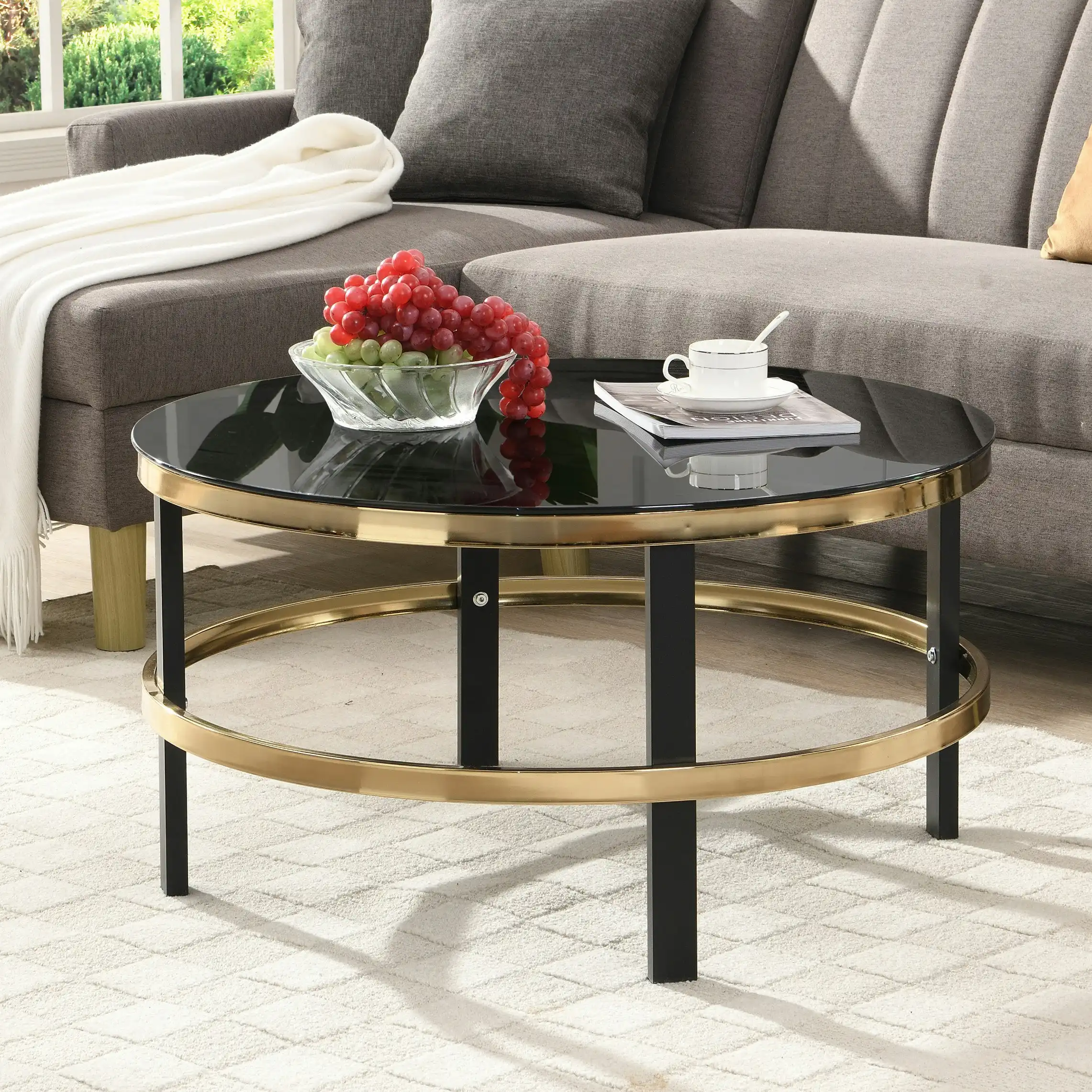 HLIVING Black Top Round Coffee Table, Tempered Glass Coffee Table, Black&Gold Finish