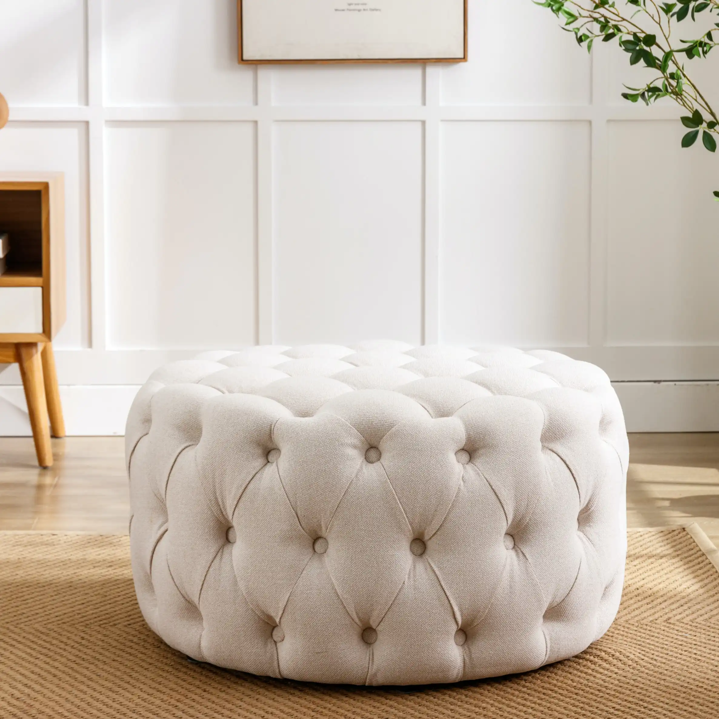 HLIVING Fabric Upholstered Button-Tufted Round Ottoman, Beige