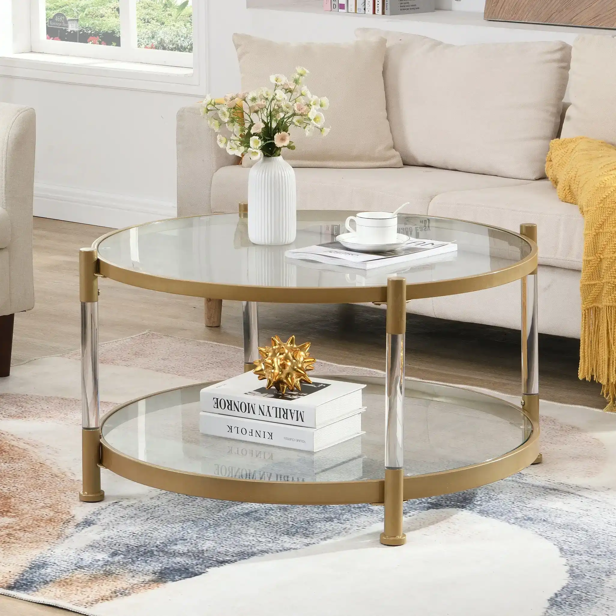 HLIVING Contemporary Acrylic Coffee Table, 82cm Round Tempered Glass Coffee Table, Gold Finish