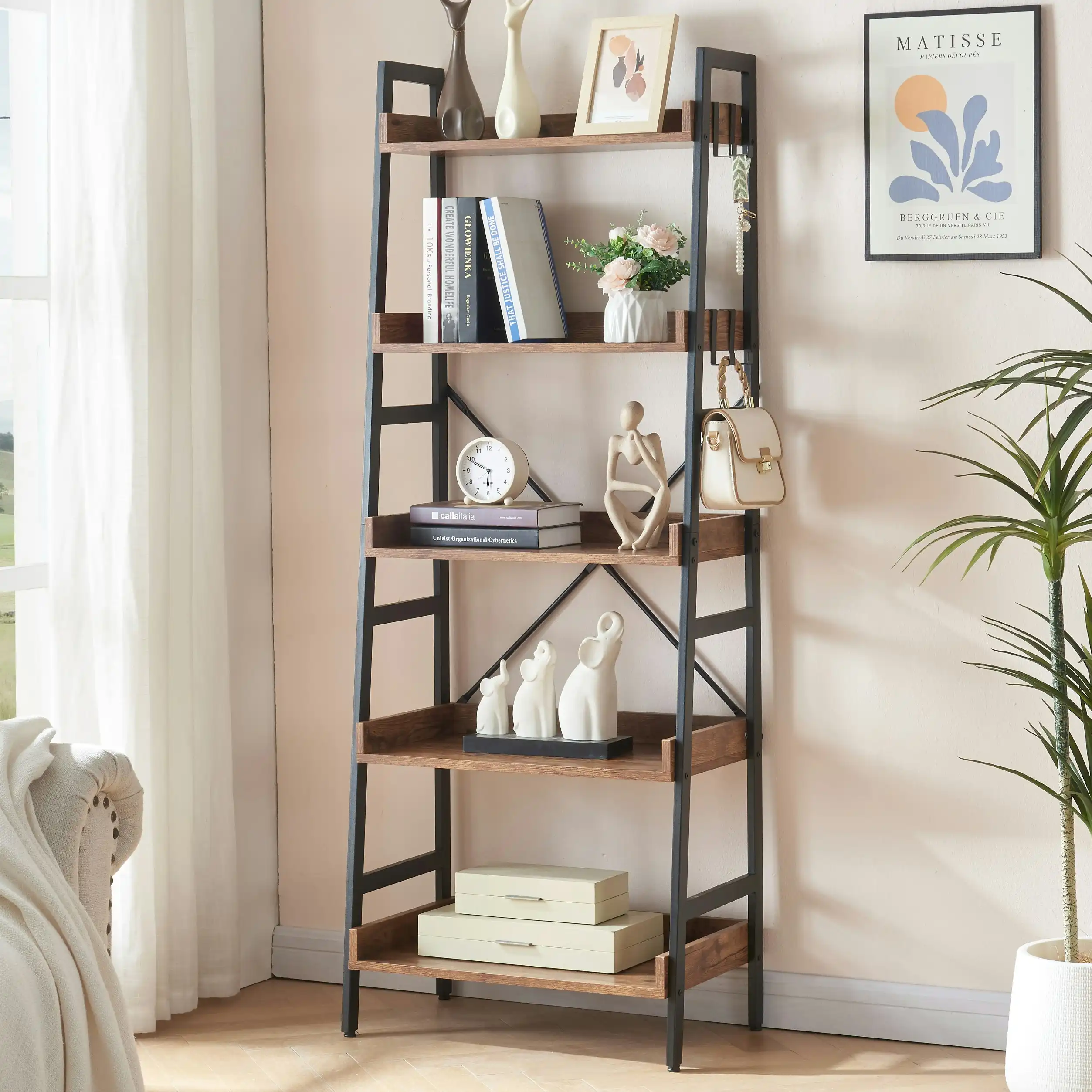 HLIVING 5 Tier Ladder Bookshelf with 4 Hooks, Industrial Shelf, Freestanding Display Plant Shelves, Rustic Brown