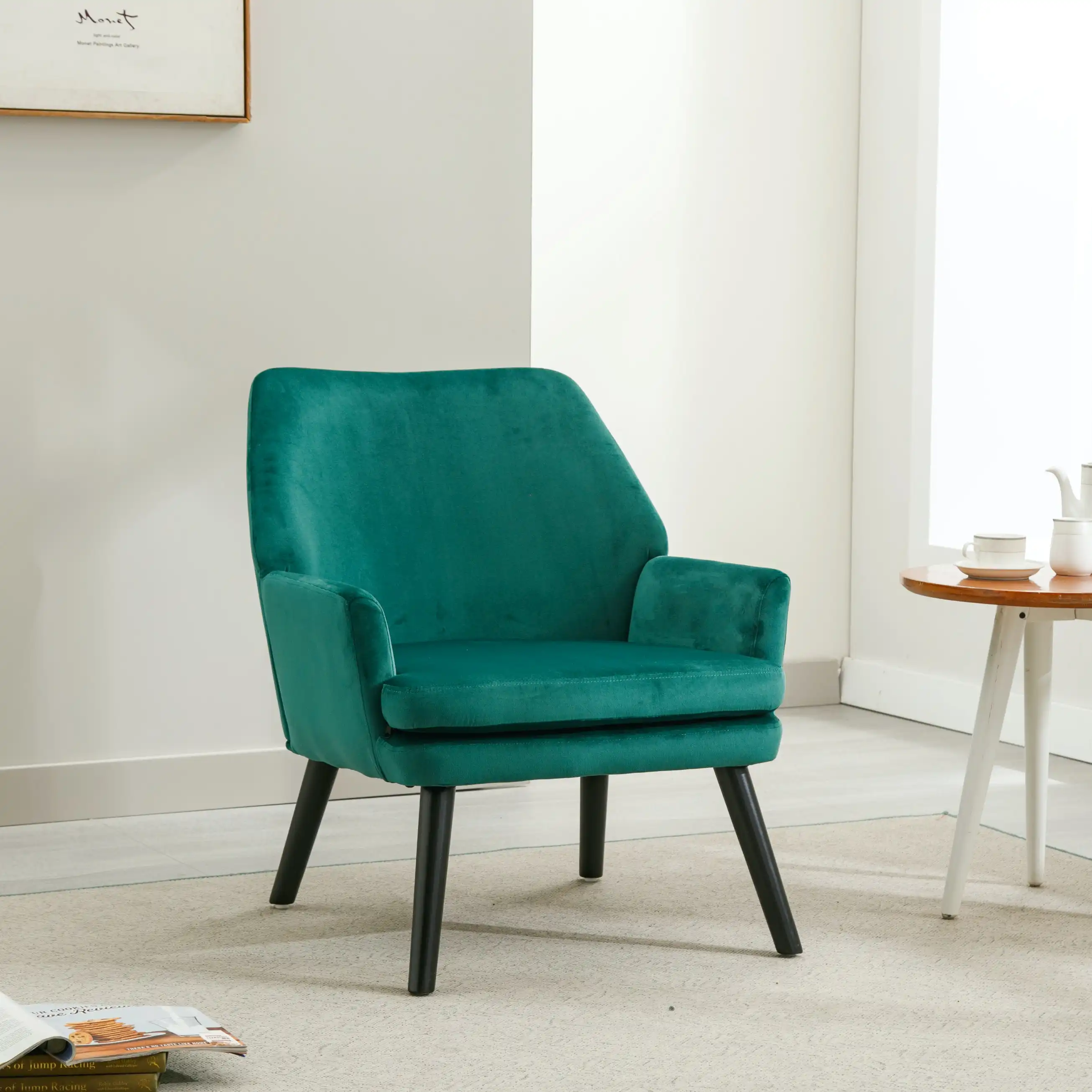 HLIVING Mid-Century Accent Chair, Modern Velvet Upholstered Armchair, Green