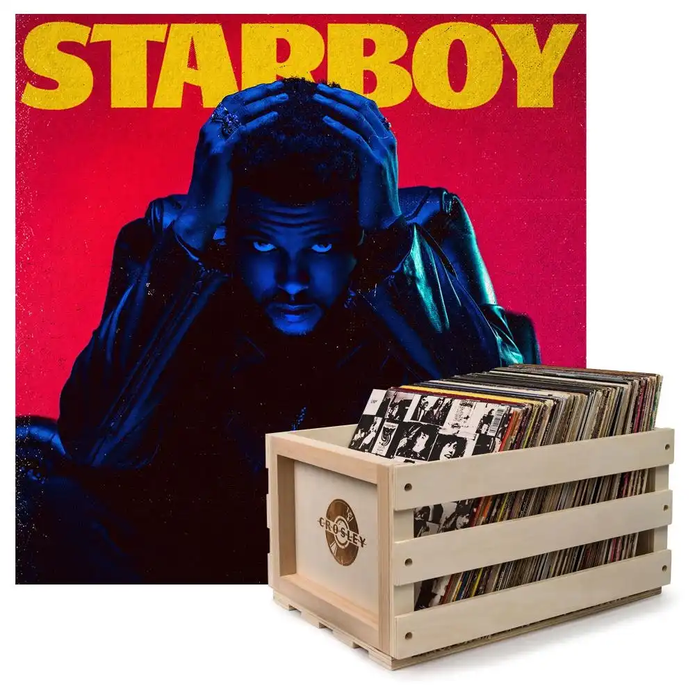 Crosley Record Storage Crate & The Weeknd Starboy - Double Vinyl Album Bundle