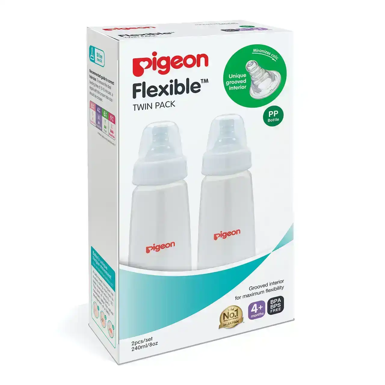 PIGEON Flexible(TM) Peristaltic Bottle Slim Neck 240ml x 2 Twin Pack