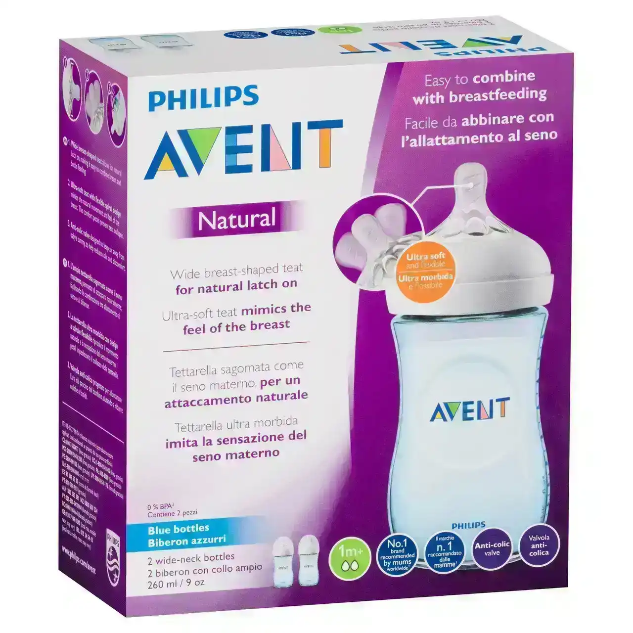 Philips Avent Natural Wide-Neck Bottles Blue 1m+ 2 x 260mL