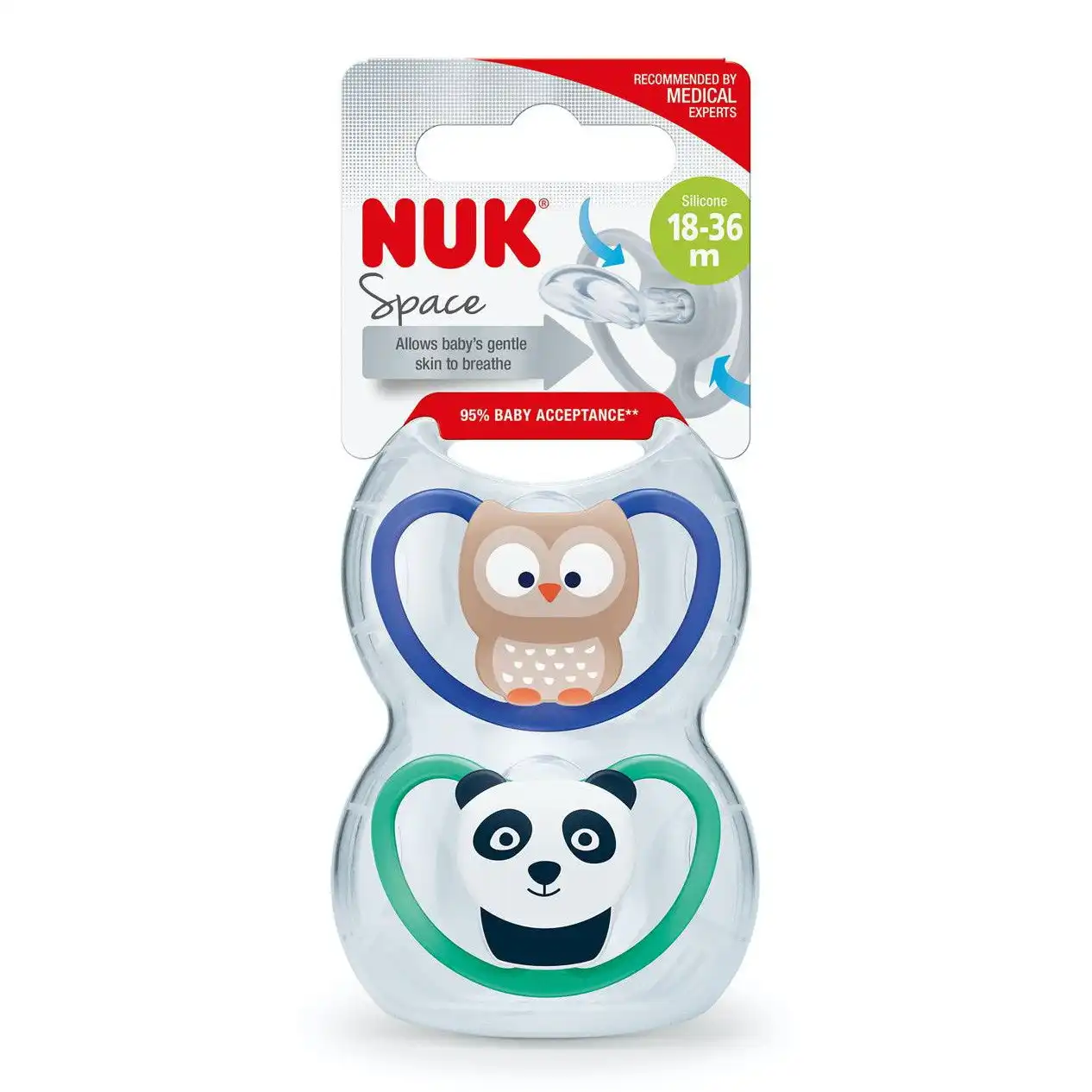 NUK Space Baby Dummy 18-36m, With Extra Ventilation, BPA-Free Silicone, 2 Pack - Assorted