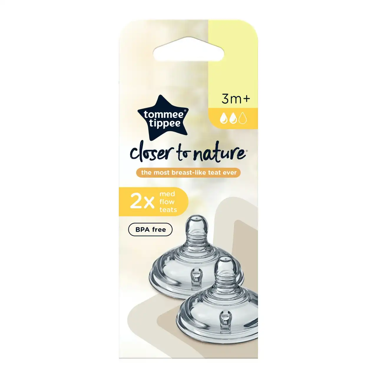 Tommee Tippee Closer to Nature Baby Bottle Teats, Breast-like, Anti-colic Valve, Soft Silicone, Medium Flow, 3m+, 2 pack