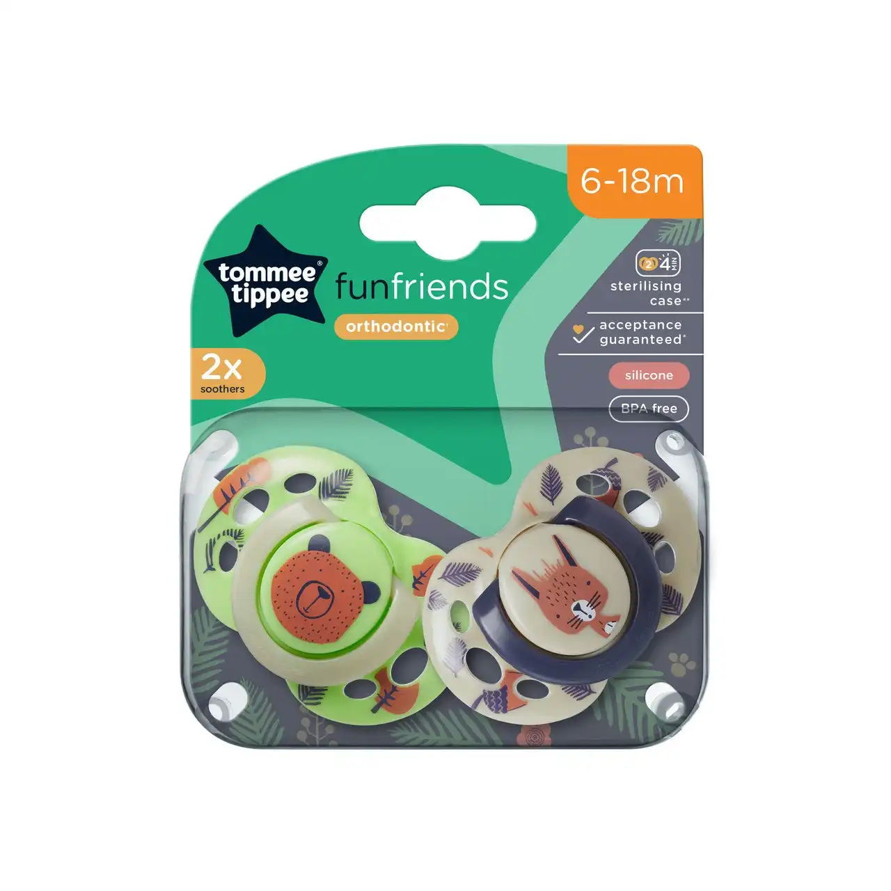 Tommee Tippee Fun Soother, 6-18 months, 2 pack, BPA free, Reusable steriliser pod
