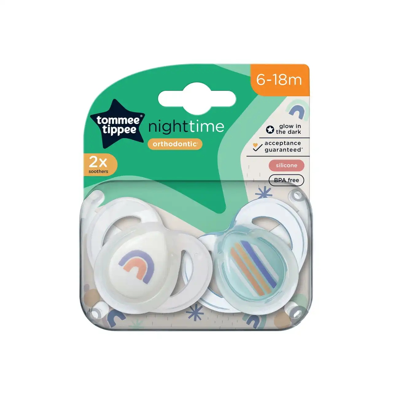Nighttime soother, 6-18 months, glows in the dark, 2 pack, reusable steriliser pod