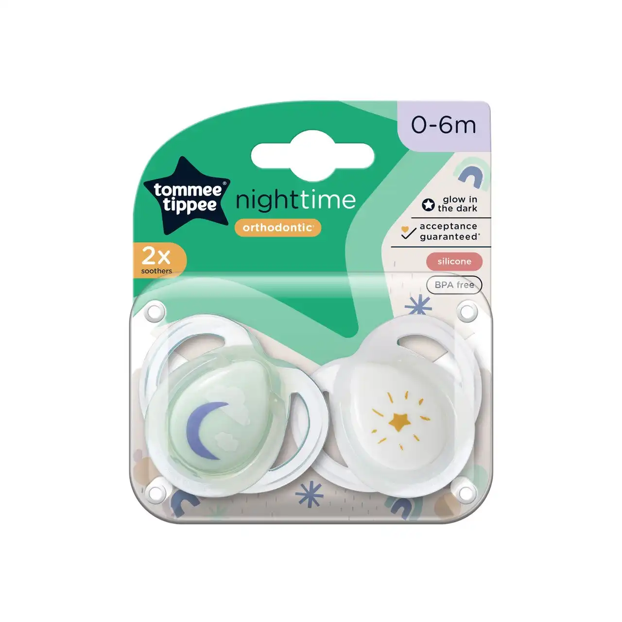 Nighttime soother, 0-6 months, glows in the dark, 2 pack, reusable steriliser pod